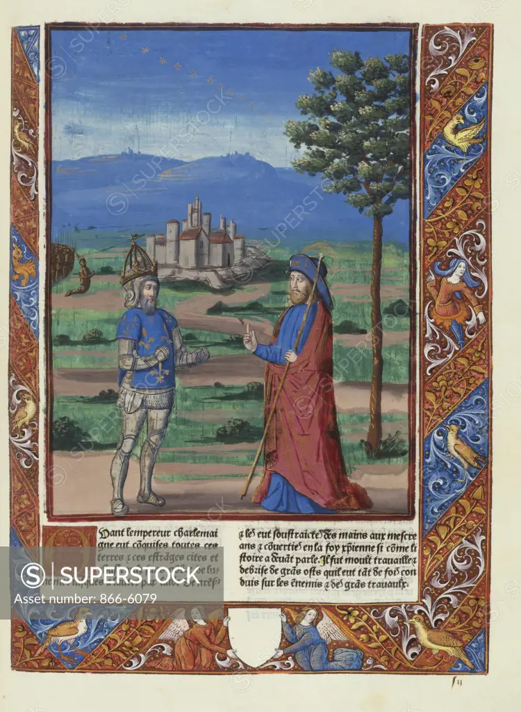 Chroniques de France. Charlemagne's vision of St. James the Great in a landscape. Paris: Jean Morand for Antoine Verard, 9th July-10th September 1493. Woodcut on vellum, 240 x 170mm.