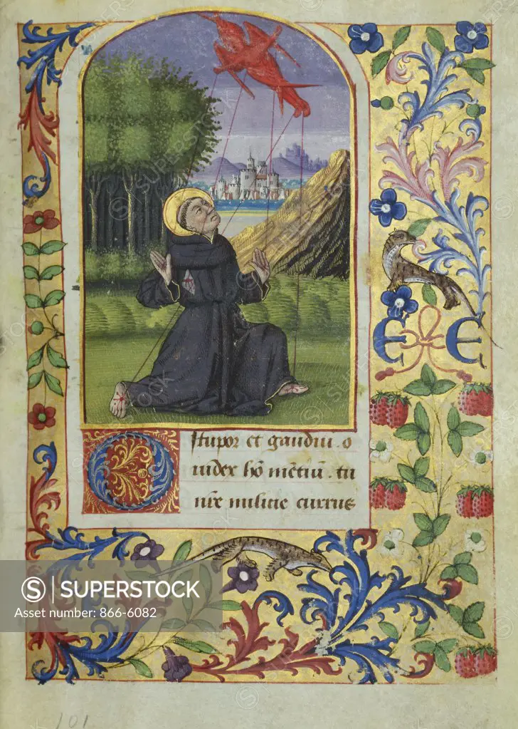 Book of Hours, in Latin and French. St.Francis kneeling in a landscape receiving the stigmata from a seraph above. Illuminated manuscript on vellum, for Etienne Chevalier. Tours, Master of Jean Charpentier, after 1470. 128 x 97mm.