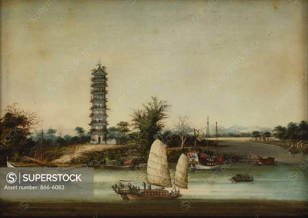 Whapoa pagoda surrounded by sailing craft, including a Fuzhou seagoing junk and a marine police junk. Studio of Tingqua (active 1840-1870). Bodycolour, 20 x 27cm.