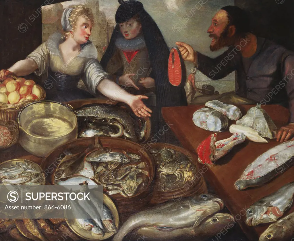 A Fish Stall. Circle of Lucas van Valkenborch (1535-1597) and Georg Flegel (1535-1597). Oil on canvas, 127 x 152.4cm.
