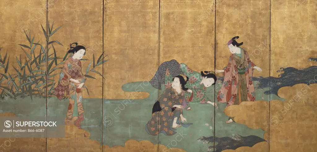 One of a pair of six-leaf screens depicting a group of three young women and an actor collecting shells. Sumi, colour and gofun on gold ground. 18th century, each leaf approx. 121.5 x 43cm.