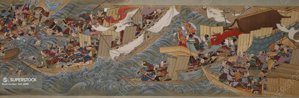 The conquest of Korea by Empress Jingu. Sumiyoshi Hiroyuki (1755-1811). Manuscript, ink on silk, illustrations in ink, gofun and colour on silk, endpapers on brocade.