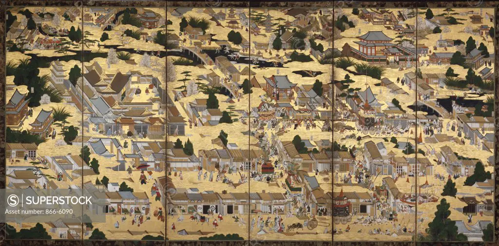 Scenes in and out of the capital'. Anonymous. Six-panel screen, ink, colour and gofun on gold paper, stylised clouds in moriage, mounted on a brocade, engraved Kanagu. Circa 1700, overall 165 x approx. 330cm