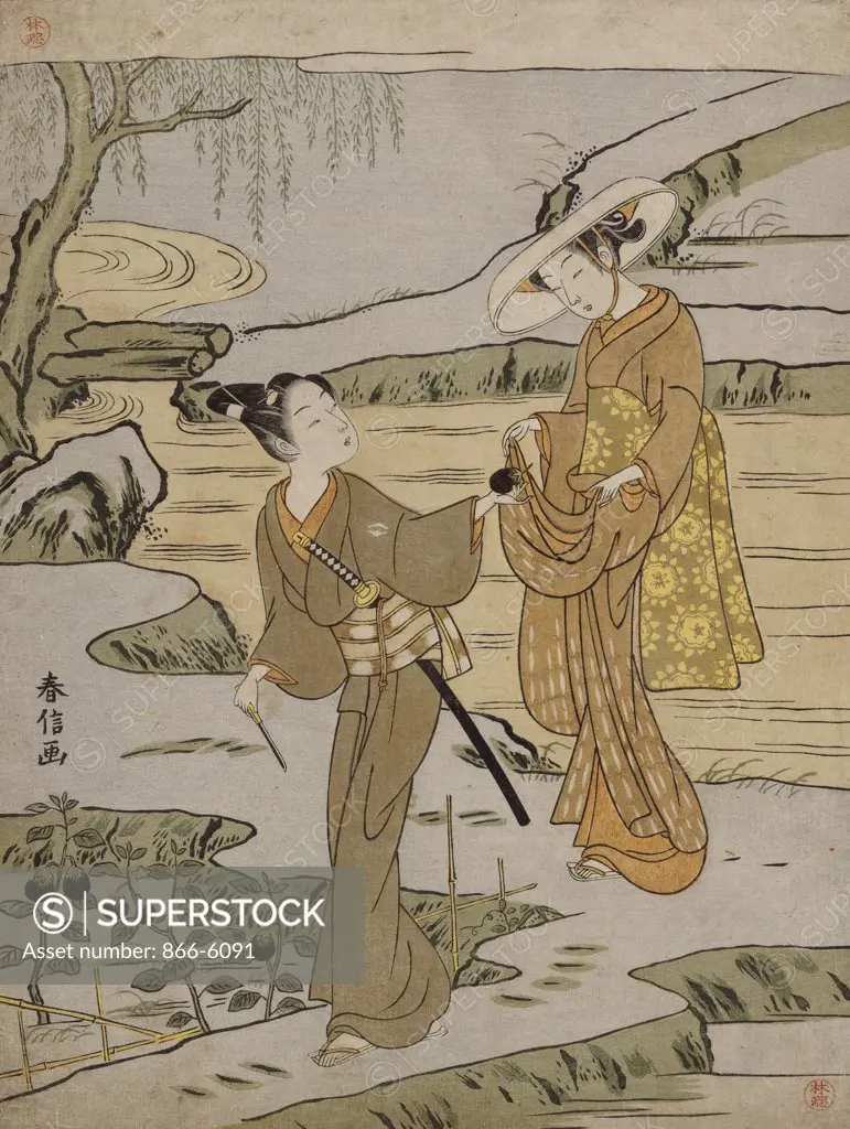 A summer scene on a raised embankment of a young man cutting an aubergine to give to his young lady companion.  Suzuki Harunobu (1725-70). Woodblock print, chuban, 27.4 x 21cm.