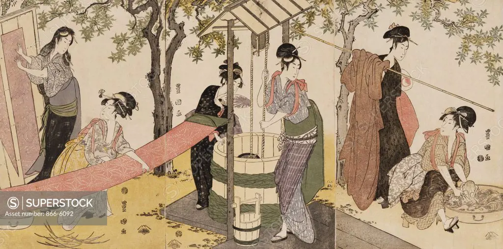 A triptych of girls washing and stretching cloth under the trees. Utagawa Toyokuni (1769ñ1825). Woodblock print, oban tate-e. 37.7 x 25.3cm.