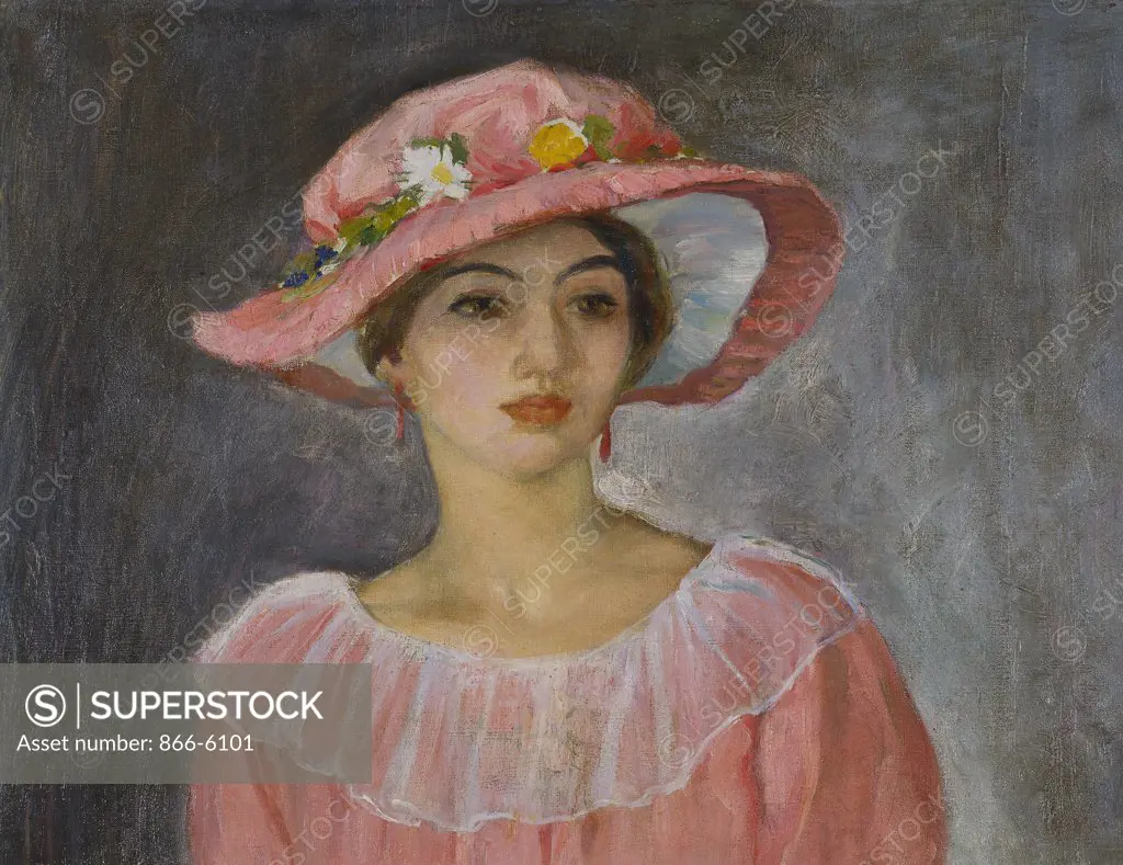 The Pink Hat; Le Chapeau Rose. Henri Lebasque   (1865-1937). Oil on canvas, 40.7 x 52cm.