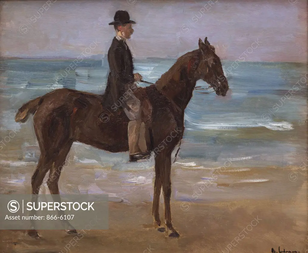 A rider on the shore. Max Liebermann (1847-1935). Oil on canvas, Signed, 19 1/4 X 23 1/2.