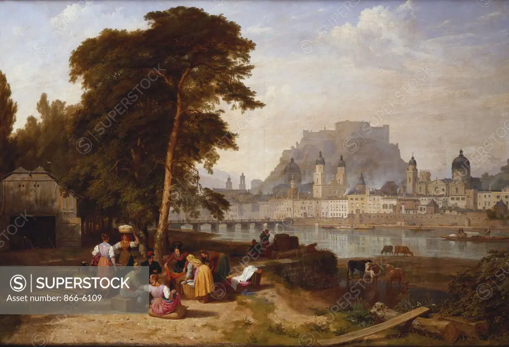 A View of Salzburg with washerwomen in the foreground. Philip Hutchings Rogers (1786-1853). Oil on canvas.