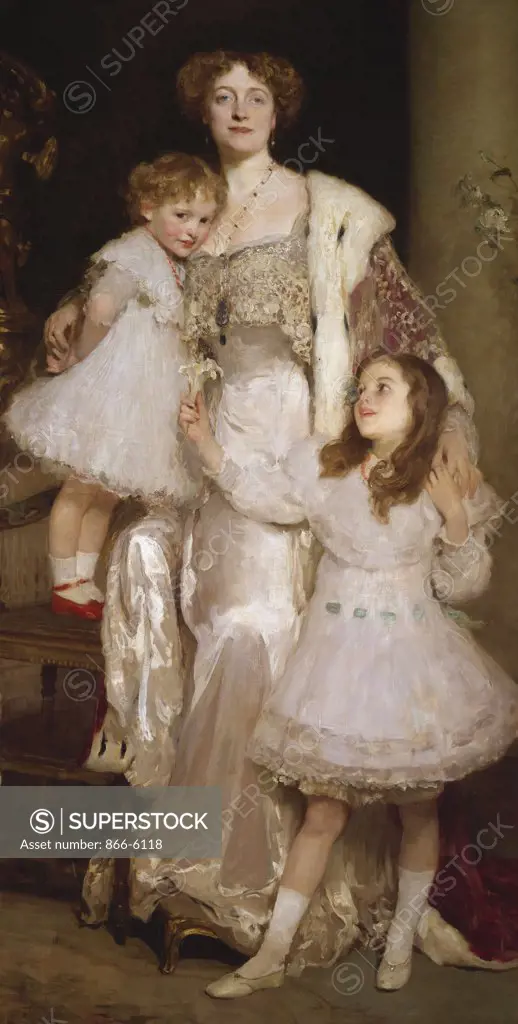 Portrait of Violet, Lady Melchett, with her two daughters, the Hon. Mary and the Hon. Nora Mond.  Solomon Joseph Solomon, R.A. (1860-1927). Oil on canvas, 81 X 42in.
