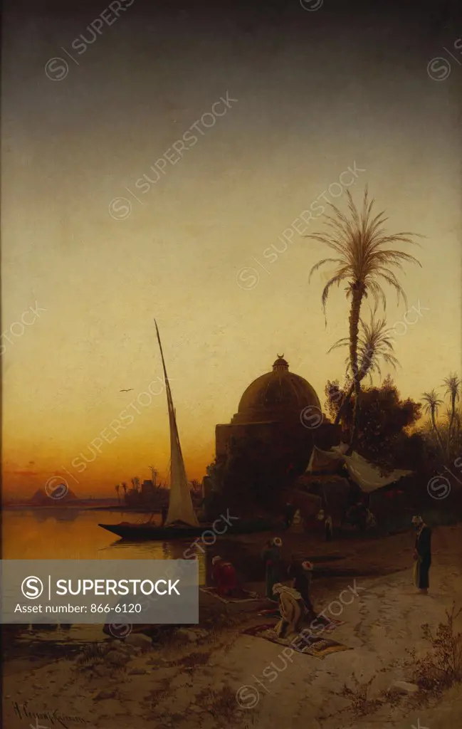 Arabs at prayer by the Nile. Hermann David Salomon Corrodi (1844-1905). Oil on canvas, 1879.  39 X 24 1/2in.