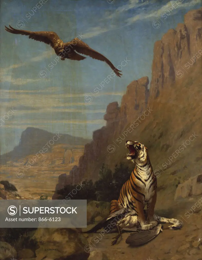 A tiger with its prey.  Jean Leon Gerome (1824-1904). Oil on canvas, signed, 35 1/2 X 28.