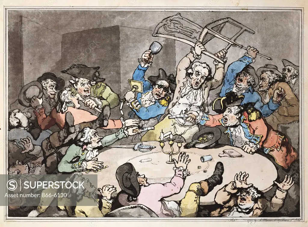 A Kick Up At A Hazard Table. Thomas Rowlandson (1756-1827). Coloured etching with aquatint, 416 x 557mm. Published 1787.