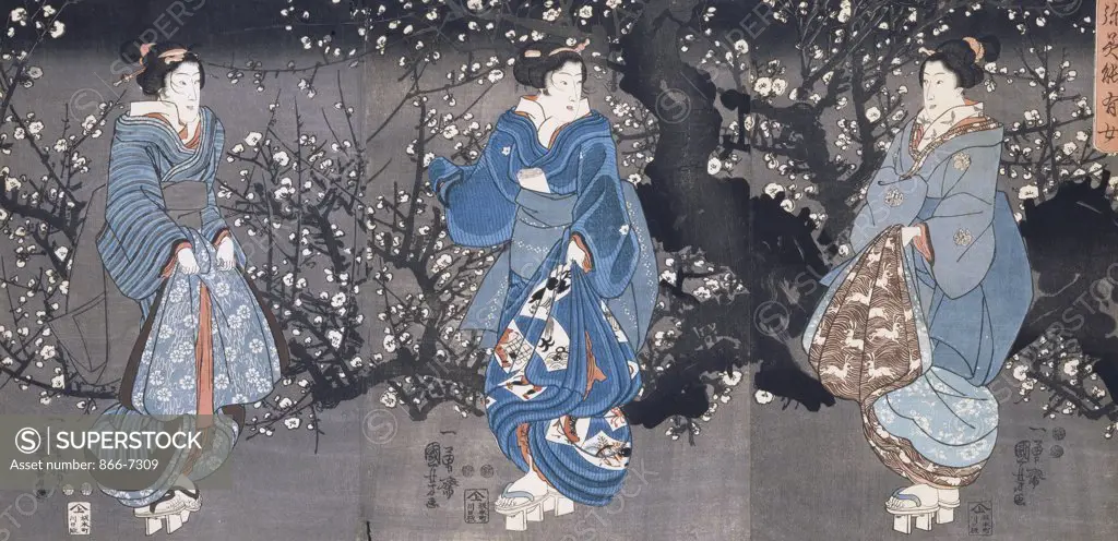 An oban triptych depicting a nocturnal scene with three Bijin. Utagawa Kuniyoshi (1798-1861). Woodblock print.
