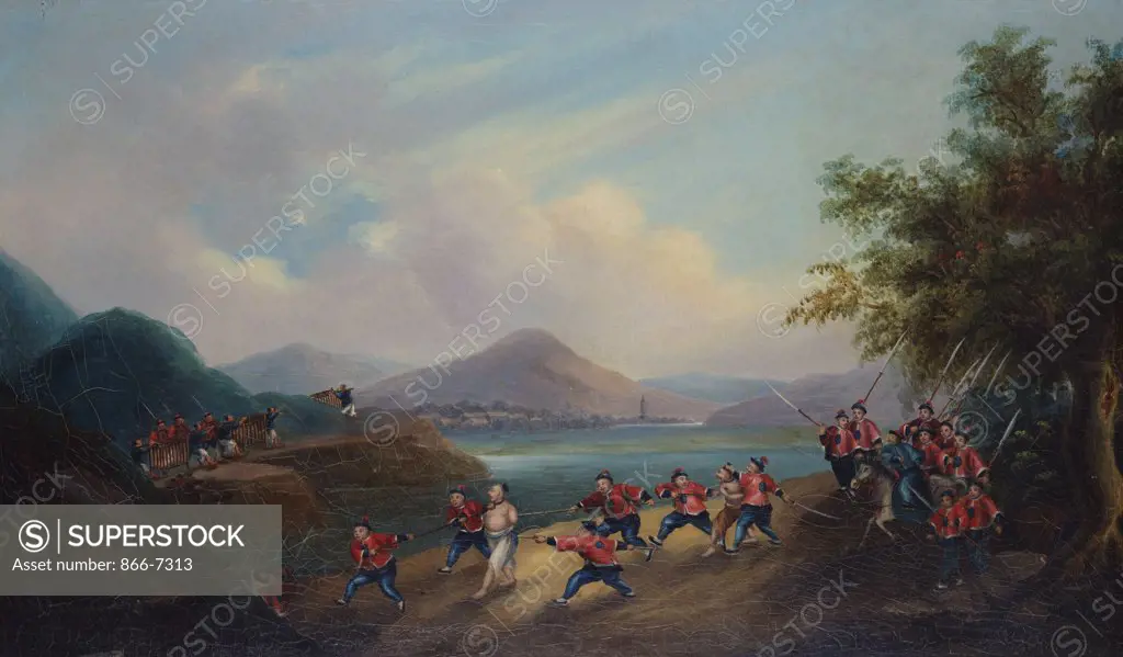 A Chinese export oil painting on canvas, depicting a procession of prisoners being led along a riverbank. 44.5 x 77.5cm. 19th century.