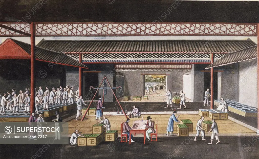 A Chinese export ricepaper painting depicting a storage house interior with figures packaging and weighing tea crates. 14cm x 22.2cm. 19th century.