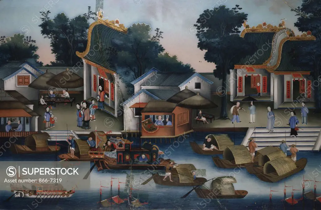 A Chinese reverse glass painting depicting figures in Sampans and other boats. 19th century.