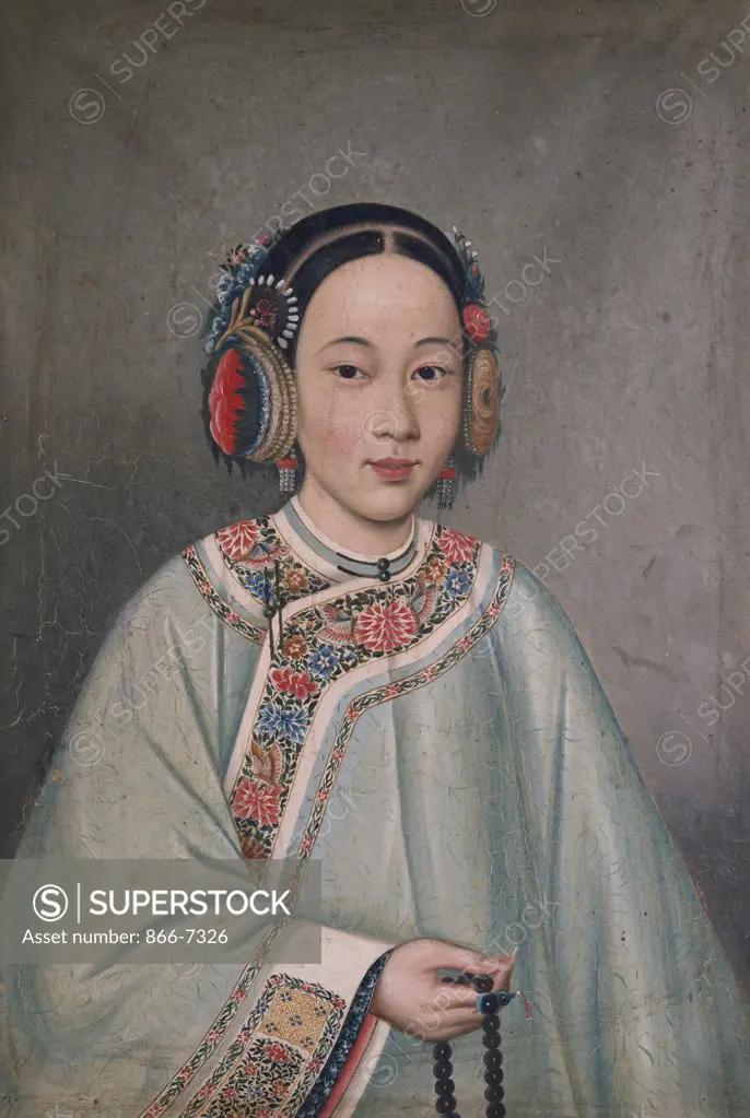 A young girl holding a beaded necklace. Oil on canvas, 64.7 x 44.5cm. 19th century.