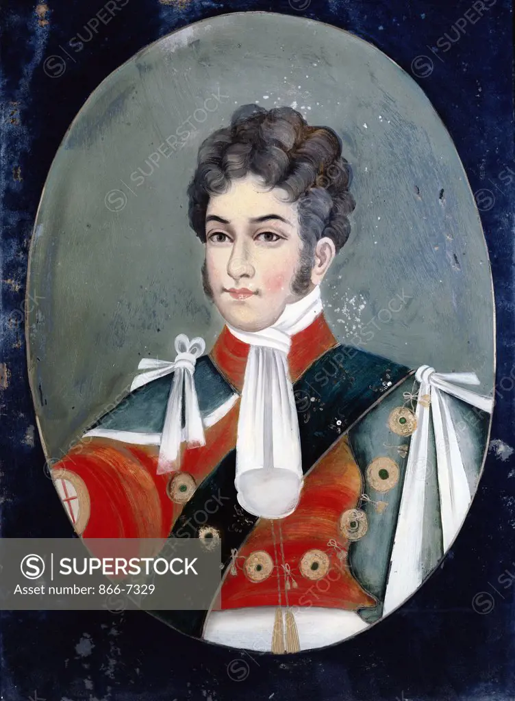 An Anglo Chinese reverse glass painting of George IV as Prince Regent, set on a dark blue ground. 49.5 x 35cm. 19th century.