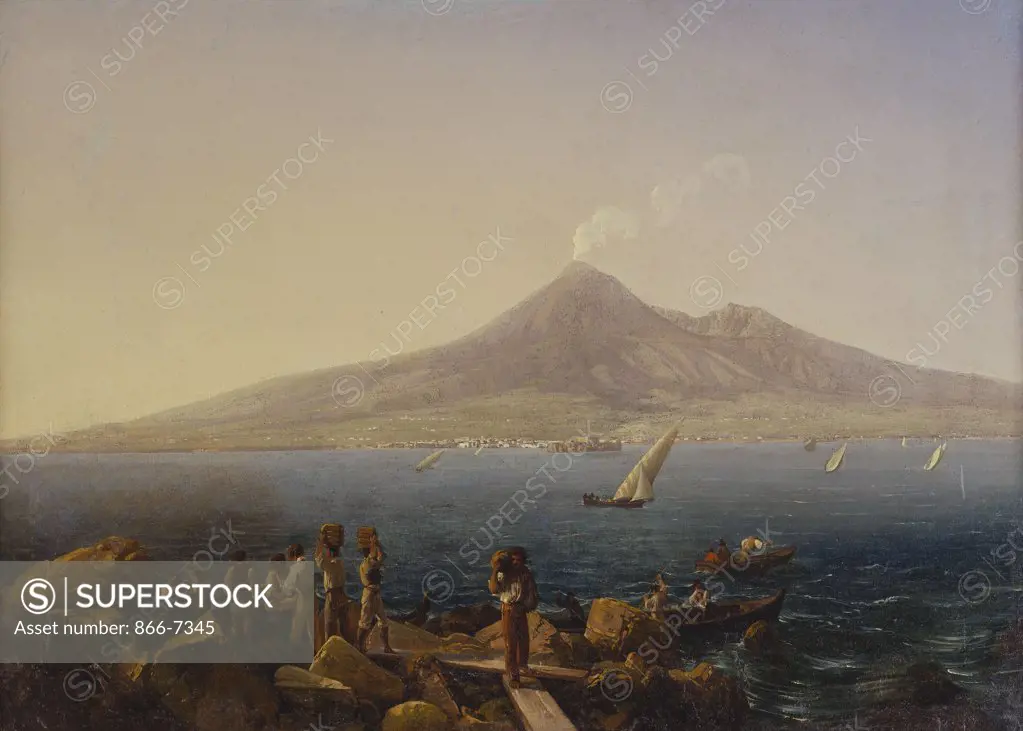 A Neapolitan Coastal Landscape with Figures Unloading Boats and Vesuvius Beyond. Thomas Ender (1793-1875). Oil on canvas, 39 x 55cm.