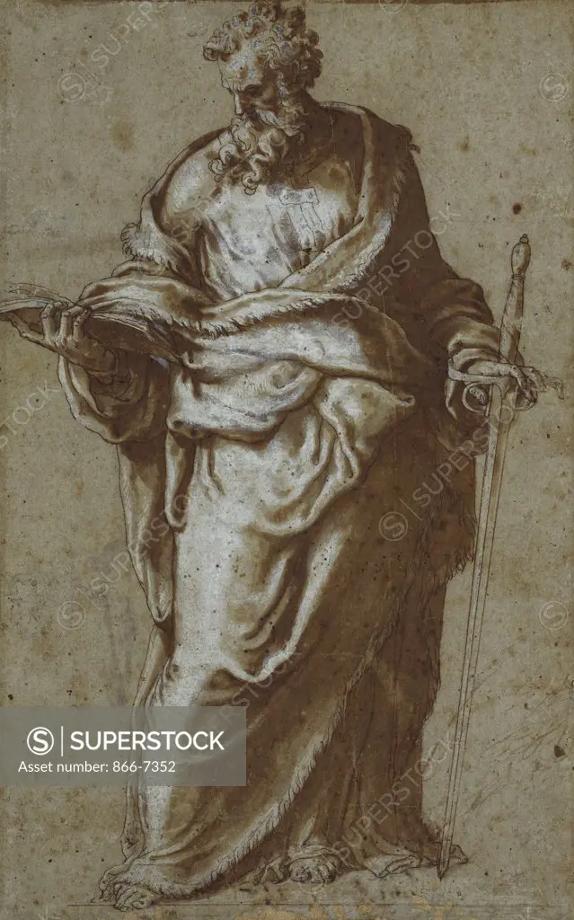 Saint Paul, and a Subsidiary Study of his Head. Giuseppe Porta, Il Salviati (1520-After 1570). Black chalk, pen and brown ink, brown wash heightened with white (partly oxidized), on blue paper, 292 x 175mm.