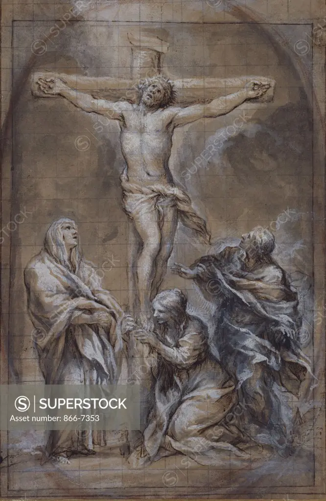 Christ on the Cross with the Virgin Mary, Saint John and the Magdalen. Pietro Berrettini da Cortona  (1596-1669). Black chalk, pen and brown ink, grey wash heightened with white (partly oxidized), squared in black lead, an oval drawn in black chalk, on light brown paper, 403 x 265mm.
