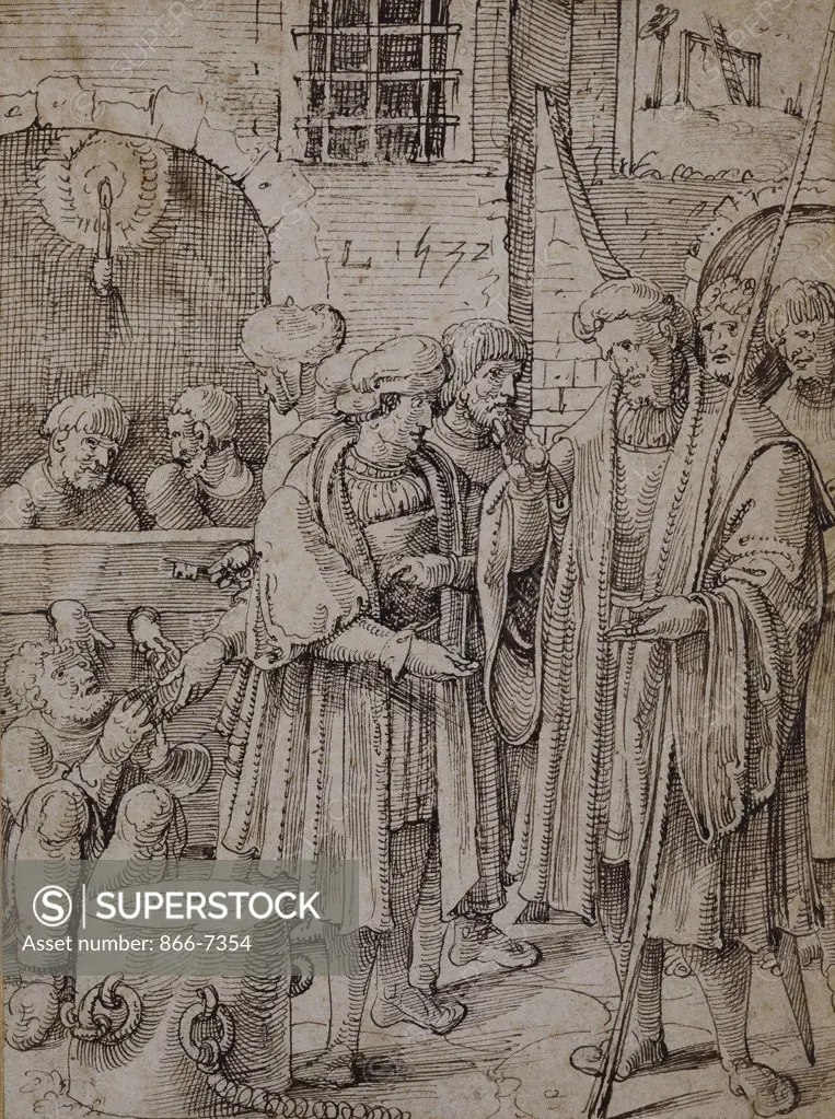 The Seven Acts of Mercy: Ransoming Prisoners. Pieter Cornelisz. Kunst (Circa 1490-After 1542). Dated 1532, black chalk, pen and black ink, 228 x 169mm.