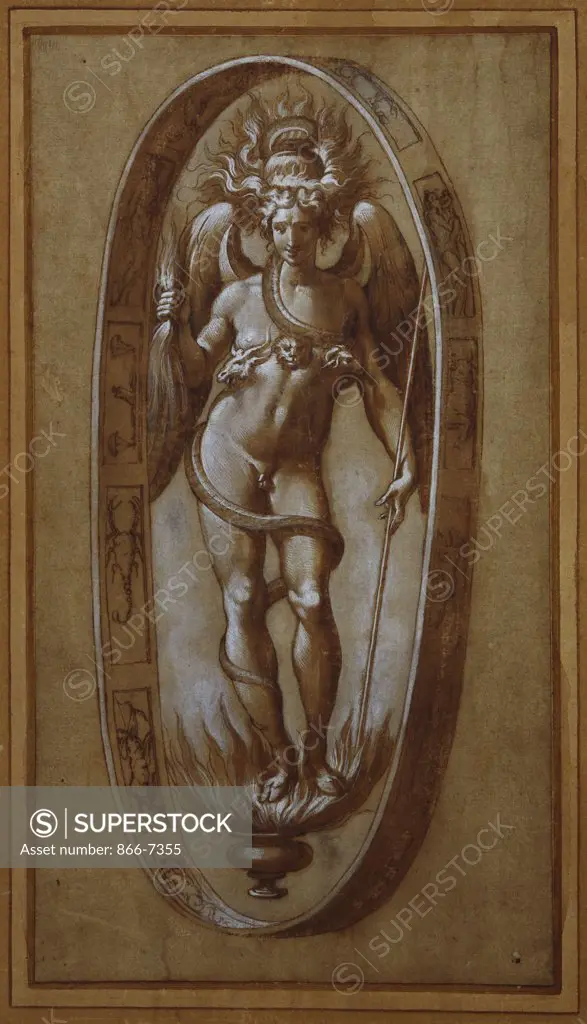 Phanes. Francesco de Rossi, Il Salviati (1510-63). Black chalk, pen and brown ink, brown wash heightened with white (partly oxidized), on light brown paper, 289 x 157mm.