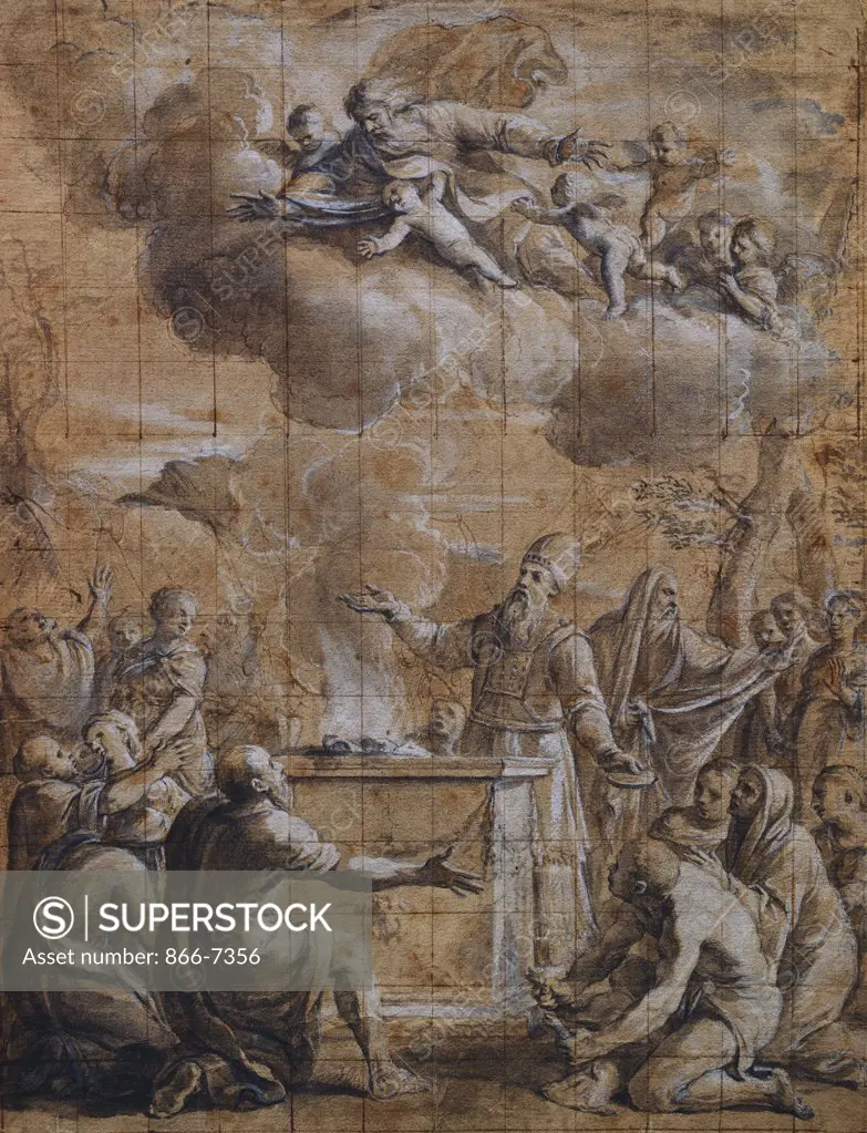 The Sacrifice of Aaron. Guglielmo Cortese, Il Borgognone (1628-1679). Black chalk, pen and brown ink, grey wash heightened with white (partly oxidized), squared twice in places in pen and brown ink, on light brown paper, 362 x 274mm.