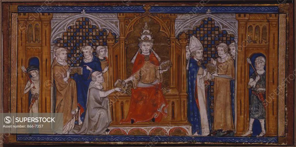 Pope Gregory IX Handing down the Decretals, flanked by Clergy and Laity.  Southern French School, Circa 1340. Bodycolour and gold, on vellum laid on panel, 95 x 191mm.