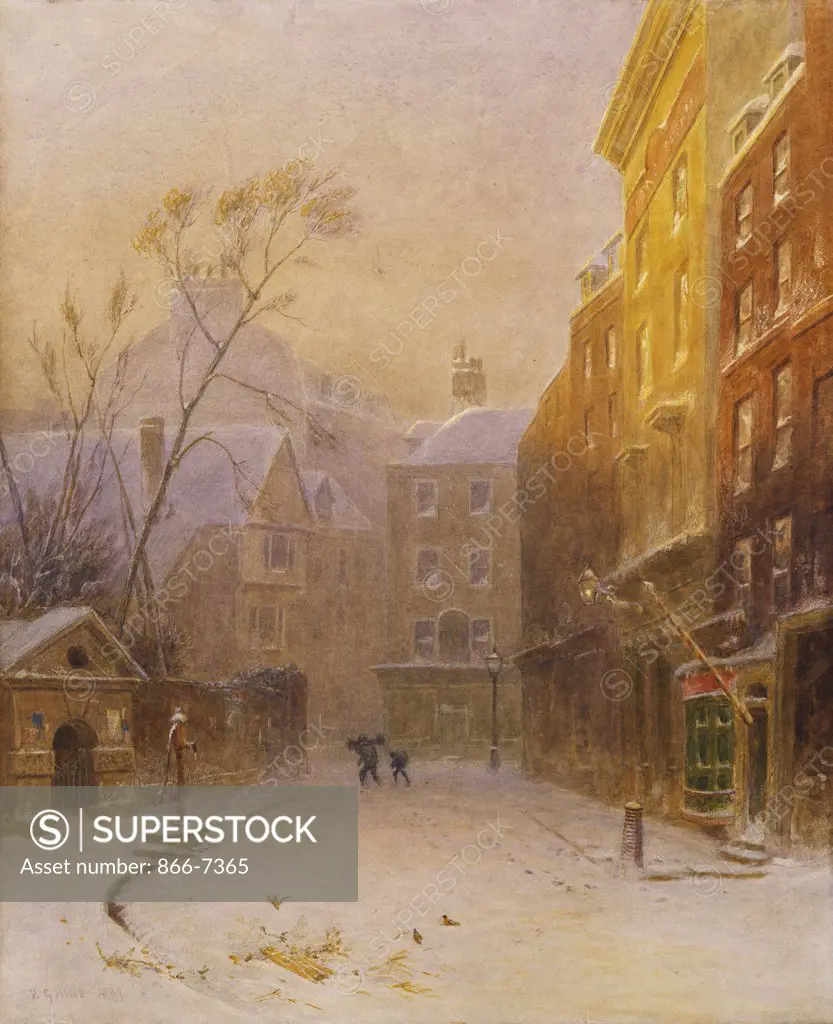 Figures crossing a back street in London, early morning, winter. Henry George Hine (1811-1895). Watercolour heightened with white, 1887, 55.2 x 44.8cm.