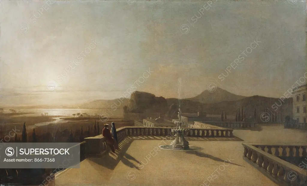 Figures on a Moonlit Terrace. Francis Danby, R.A., (1793-1861). Oil on canvas, 37 x 60.7cm.