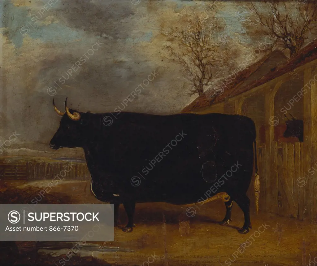 A Black Bull standing by a Cowshed, an Extensive Landscape Beyond. James Pollard (1792-1867). Oil on canvas.