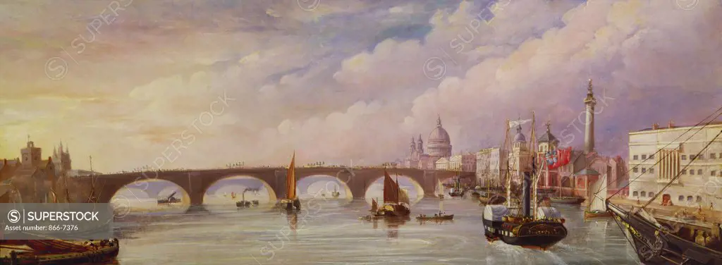 The new London Bridge with the approach to Billingsgate Market. Thomas Mann Baynes (1794-1854). Oil on panel, 32.3 x 83cm.