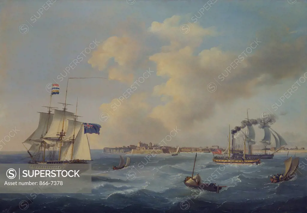 A 44-gun Frigate, a Passenger Paddle-Steamer and other Shipping off St.Peter Port, Guernsey. John Thomas Serres (1759-1825). Dated 1825, oil on canvas 53.9 x 76.2cm.
