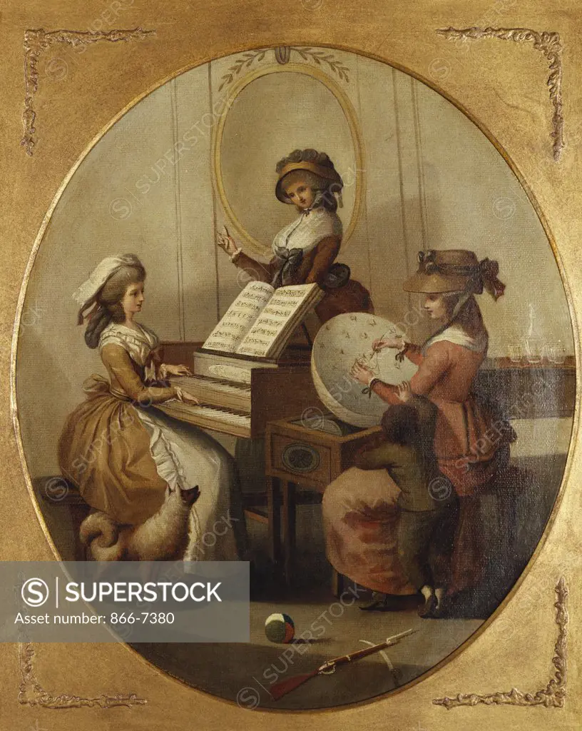 Morning Employments': Three Young Girls by a Spinet, Playing, Conducting and Embroidering. Attr. to Henry William Bunbury (1750-1811). Oil on oval canvas, 47.6 x 40.3cm.