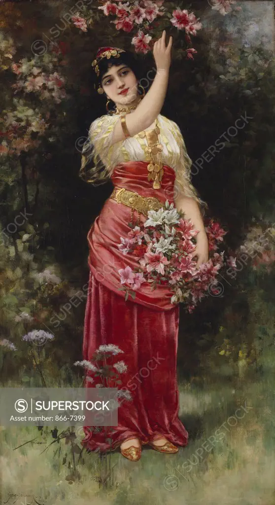 An Oriental Flower Girl. Emile Eisman Semenowsky (fl.1890-1940). Oil on canvas, 72.1 x 40cm.