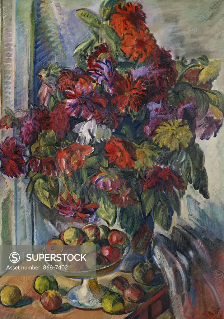 Still-Life with Flowers and Apples; Nature Morte aux Fleurs et Pommes. Nicholas Tarkhoff (1871-1930) . Oil on canvas,  42 x 30in. (106.5 x 76.2cm.)