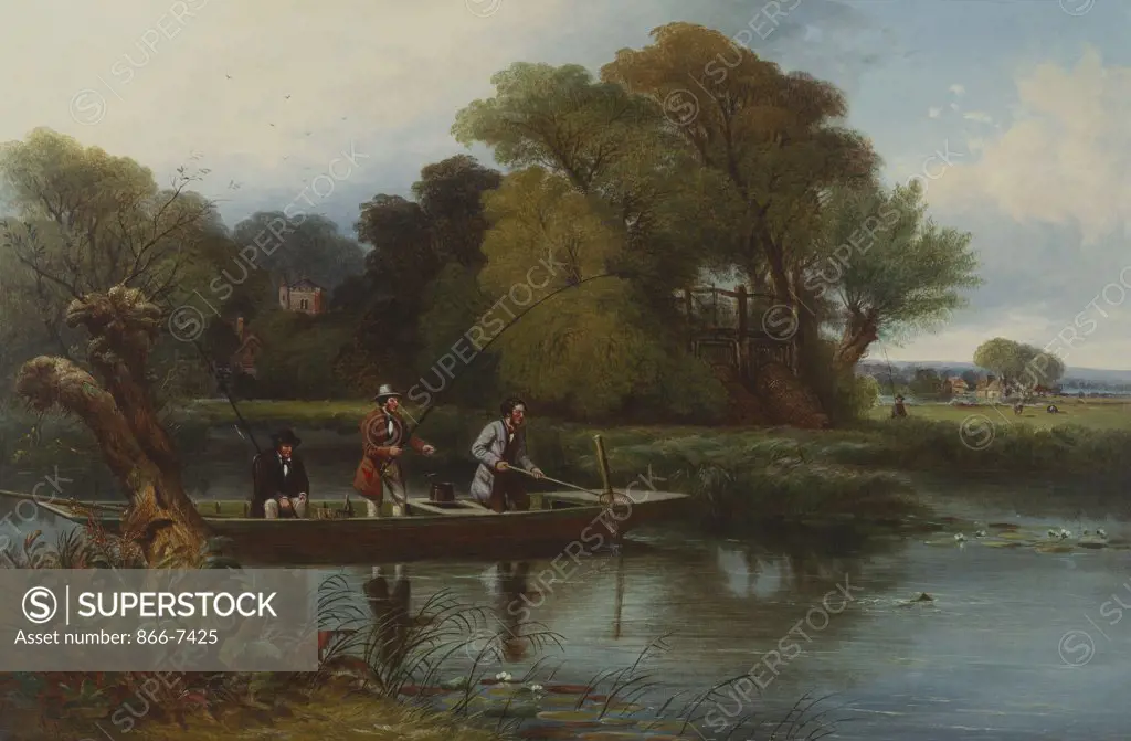 Two Anglers and a Bailiff in a Punt on a River Fishing for Bream with landscape beyond.  Alexander F. Rolfe (1839-1871). Dated 1856, oil on canvas, 61 x 91.5cm.