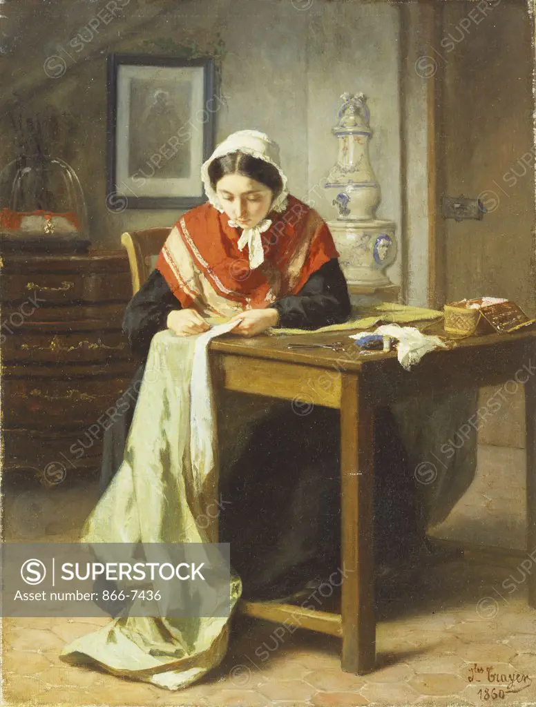 The Seamstress. Jules Trayer (1824-1908). Dated 1860, oil on canvas, 32.5 x 24.5cm.