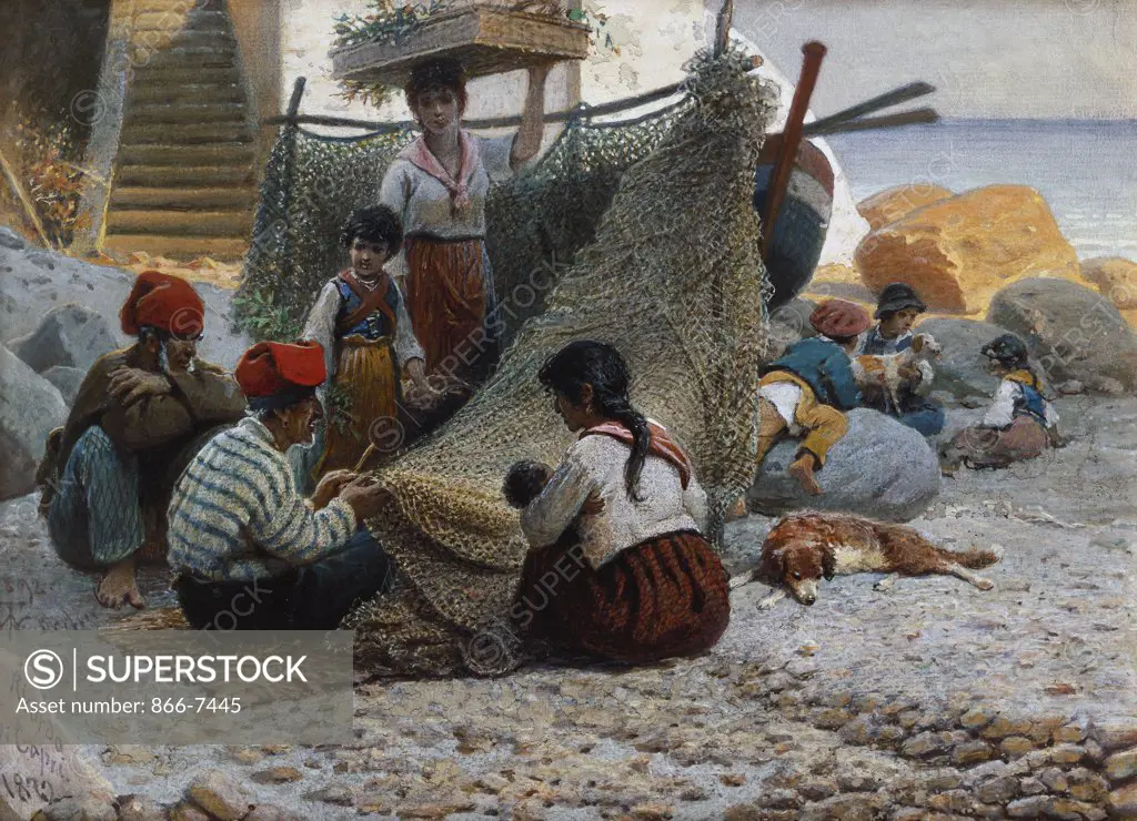 Fisherman Mending Nets, Capri. Theodor Leopold Weller (1802-1880). Dated 1892, bodycolour, 210 x 285mm.