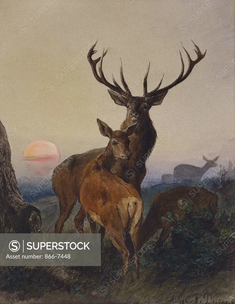 A Stag with Deer in a Wooded Landscape at Sunset. Carl Friedrich Deiker (1836-1892). Dated 1865, pencil, pen and black ink and watercolour heightened with white, 210 x 165mm.