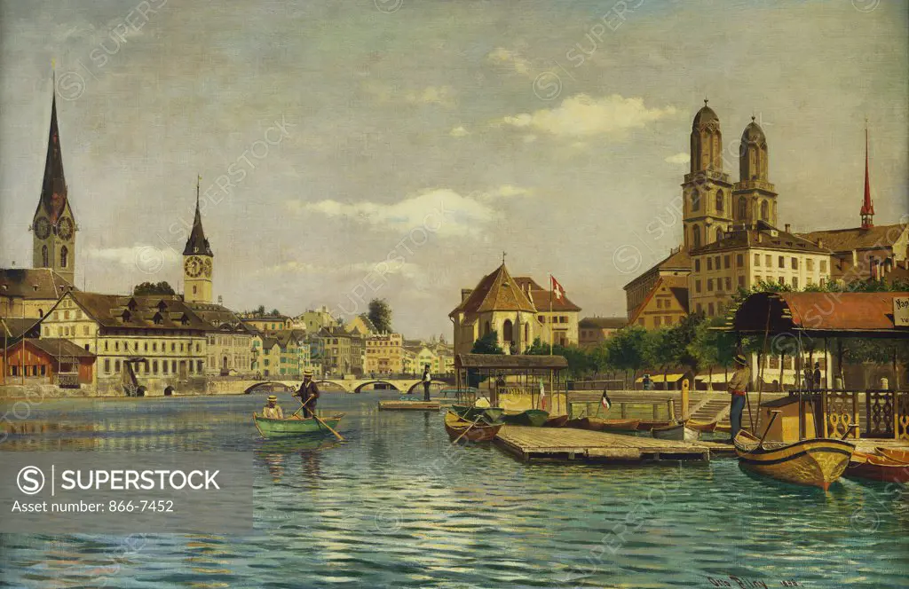 A View of Zurich with the River Limmat from the Quaibrucke looking towards the Fraumunstkirche, St. Peterskirche, the Helinwaus and the Grossmunsterkirche. Otto Pilny (1866-1938). Dated 1896, oil on canvas laid down on board, 59 x 89cm.