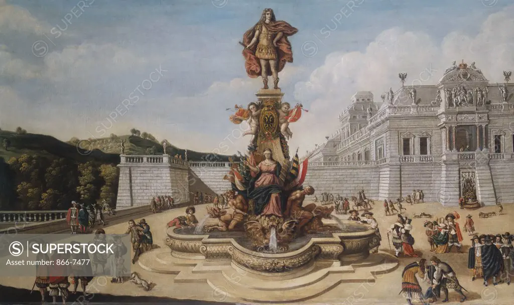 A Triumphal Fountain, bearing the Habsburg Arms, and Surmounted by a Statue Glorifying a Habsburg Prince in the Courtyard of a Palace with Numerous Elegant Courtiers. Circle of Dirck Stoop (1610-1686). Oil on panel, 94 x 158.8cm.
