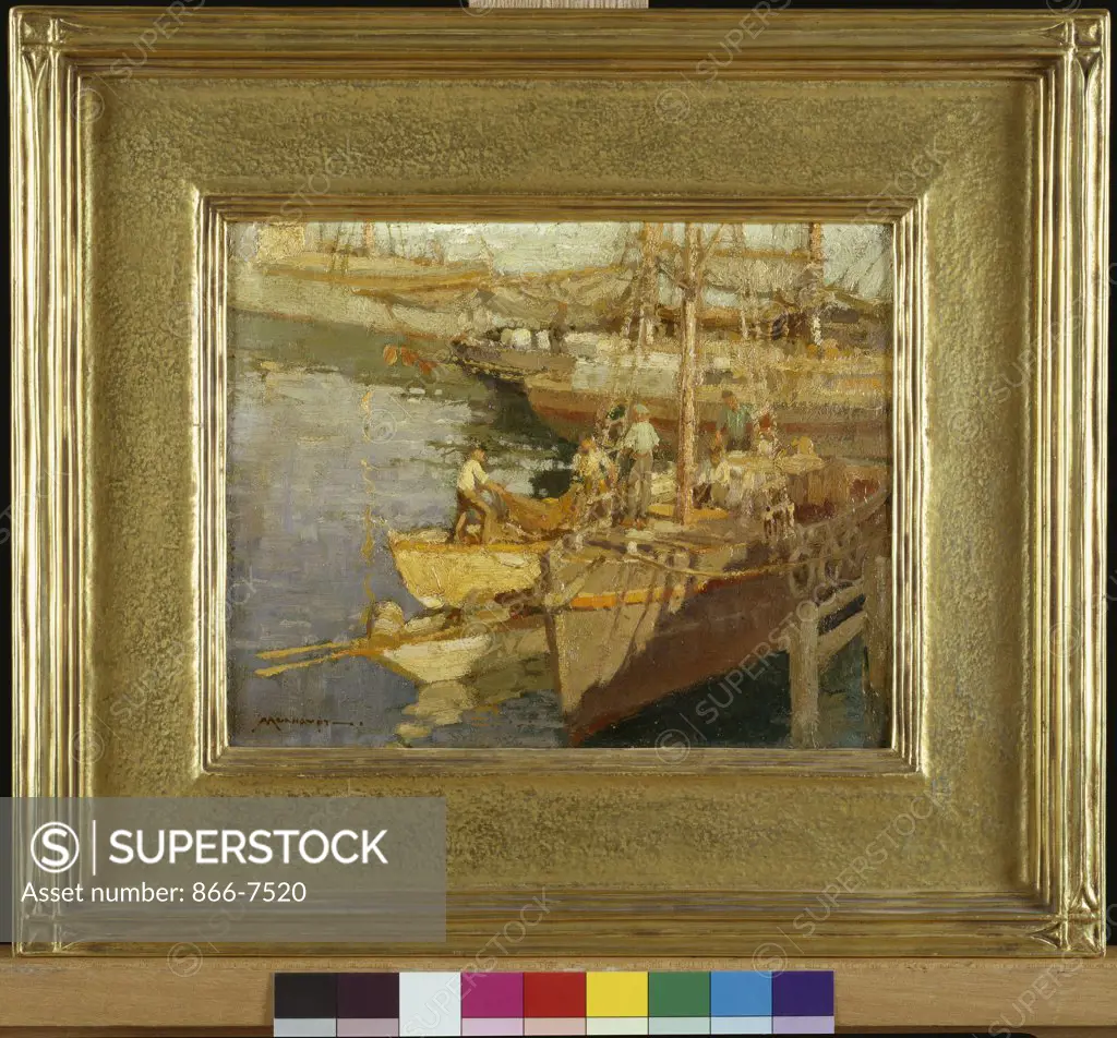 At The Guinea Wharf, Gloucester, Massachusetts. Frederick John Muhaupt (1871-1938). Oil On Canvasboard.
