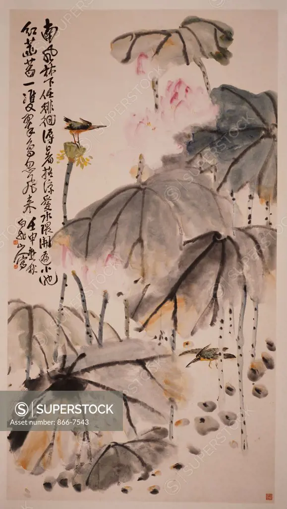 Lotus And Green Birds. Wang Zhen (1866-1938). Hanging Scroll, Ink And Colour On Paper, 1932.
