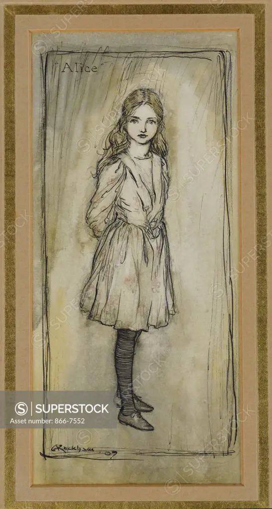 Alice. Arthur Rackham (1867-1939). Pencil, pen and black ink and watercolour on card, 1907.  9 X 5 1/8 In.