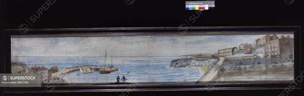 A panoramic view of Hastings. English School, 19th Century. Pencil and watercolour, 34.3 X 191.7cm.