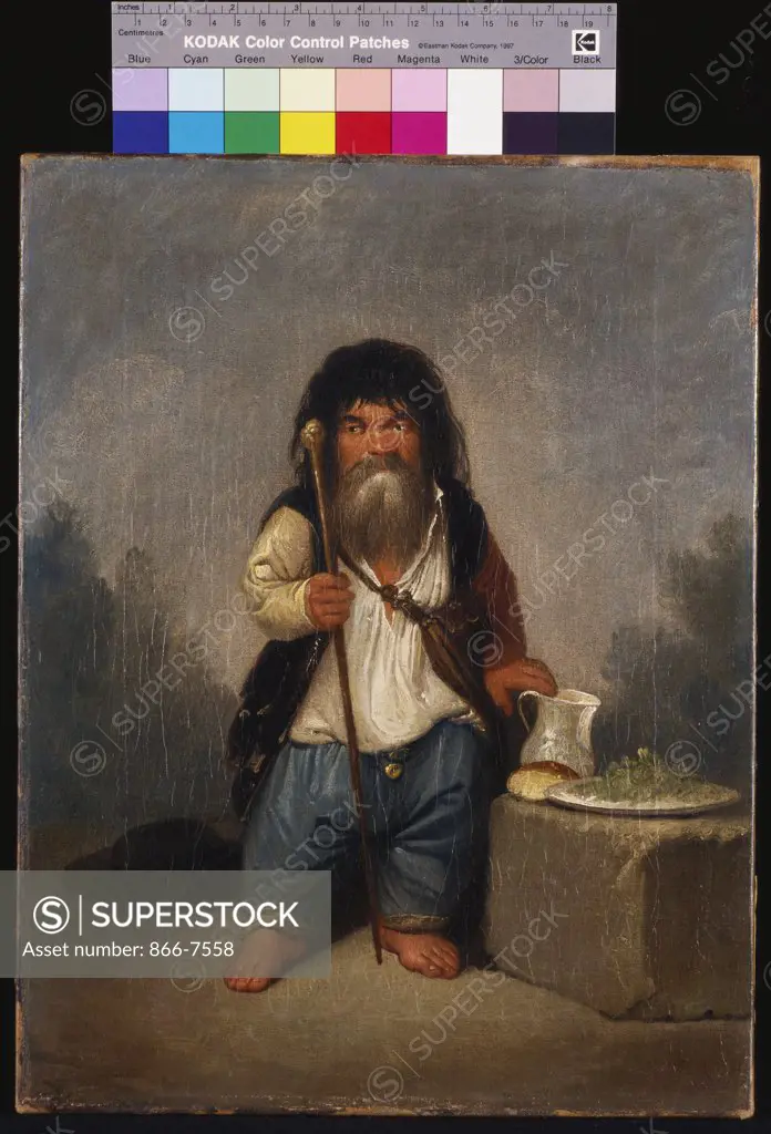Portrait of the dwarf Baiocco, holding a staff, with a jug, a loaf and a plate on a ledge at his Side. Franciscus Smuglewicz (1745-1807). oil on canvas, 38.1 X 29.7cm.