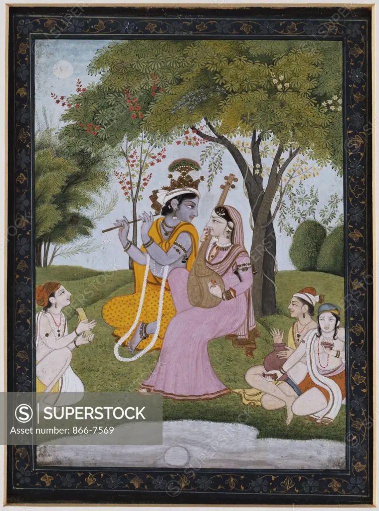 Krishna And Radha Making Music. Kangra, C.1800. From The Court Of Raja Samsar Chan Of Kangra (R.1775-1823). 17 X 11cm.