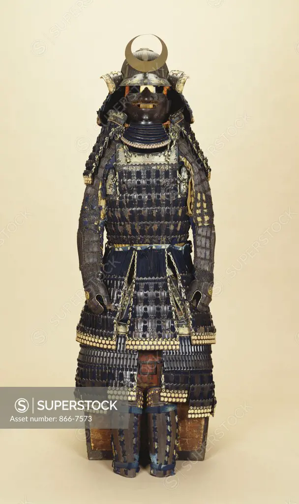 A suit of samurai armour, the kabuto comprising a fine sixty-two plate russet-iron sujibachi and russet-iron mabizashi decorated with gold-leaf dragons. 18th/19th century.